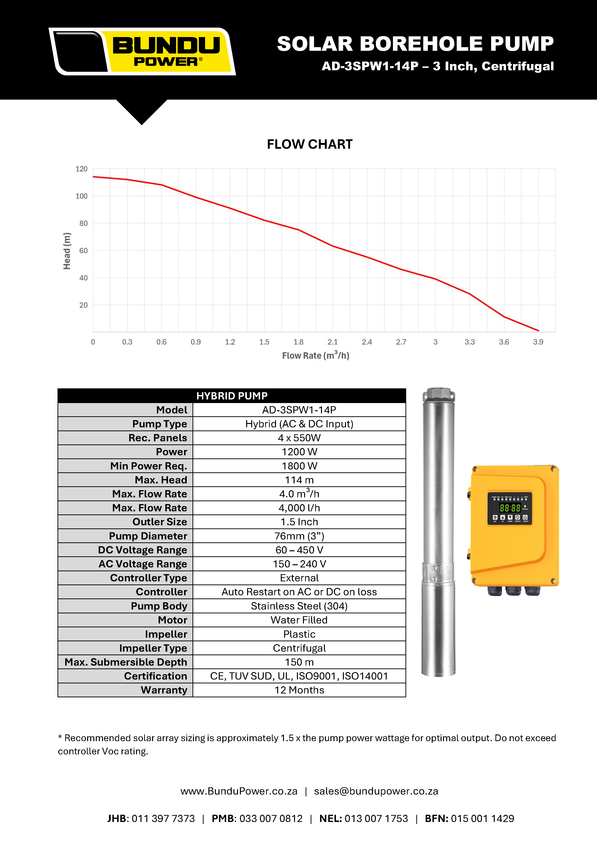 Hybrid Borehole Pump - 114m Head, 3" Pump - A/D-3SPW1-14P