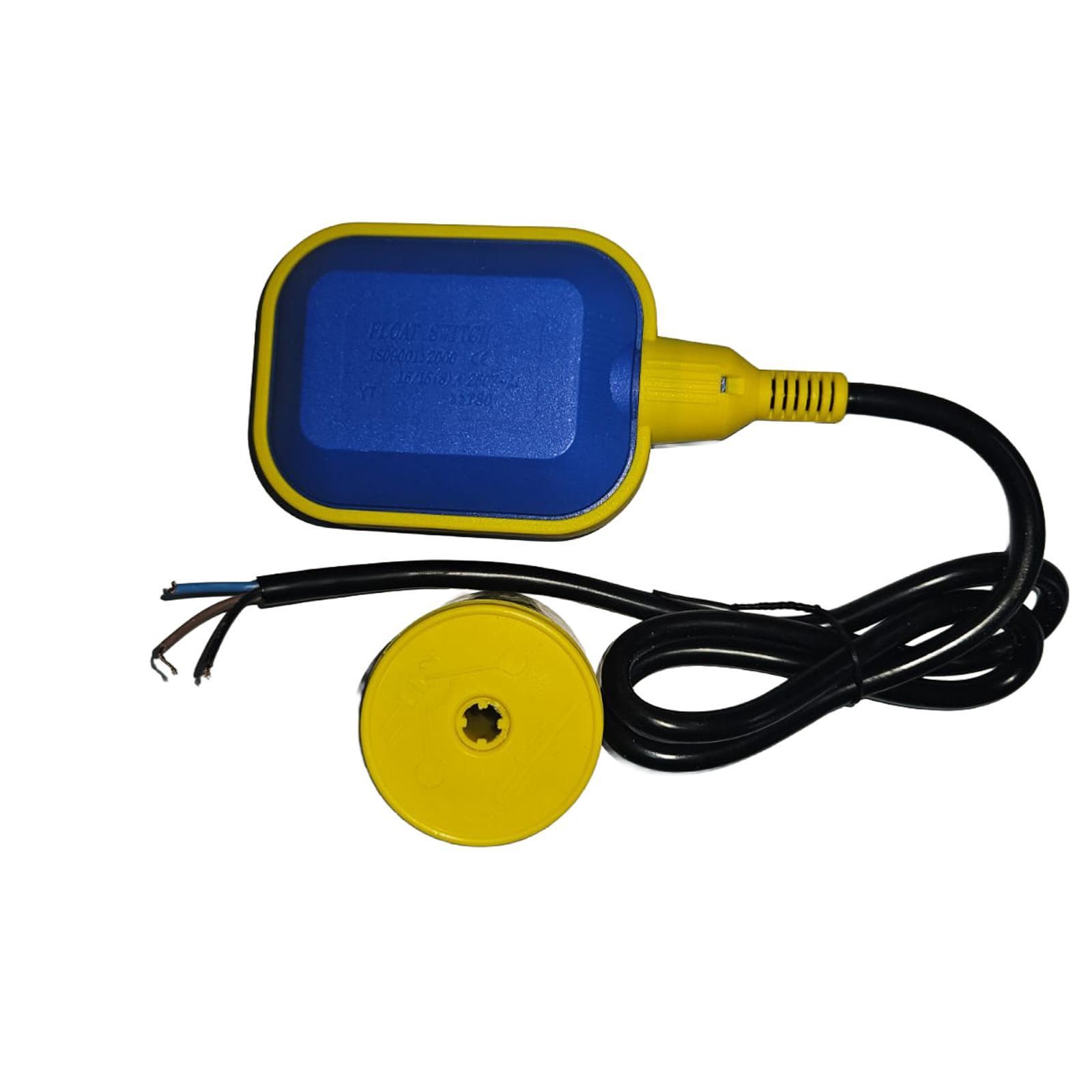 Rectangular blue and yellow float switch for water tanks, compatible with Bundu Power solar pump controllers.