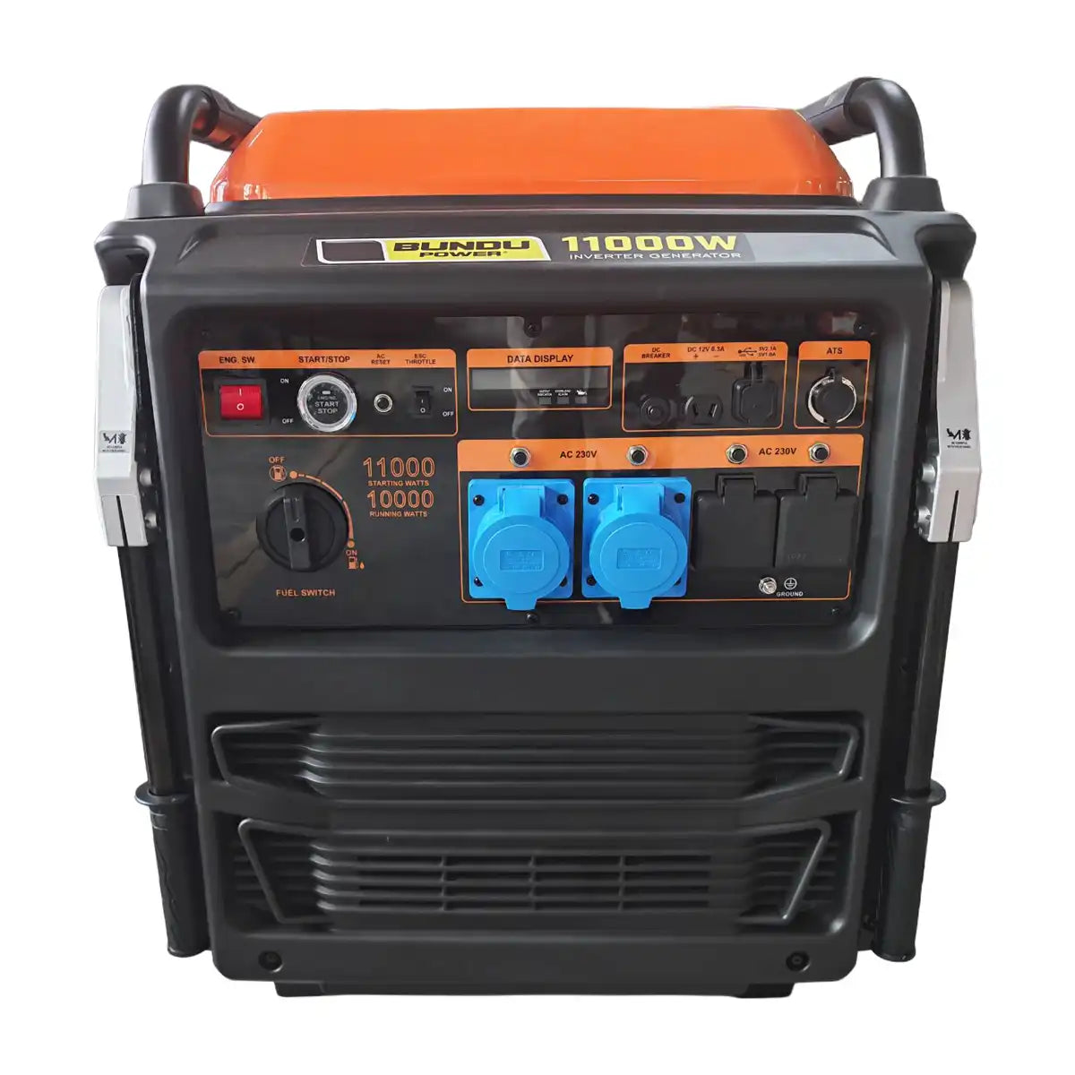 Control panel of Bundu Power 10kVA Inverter Generator showing outlets