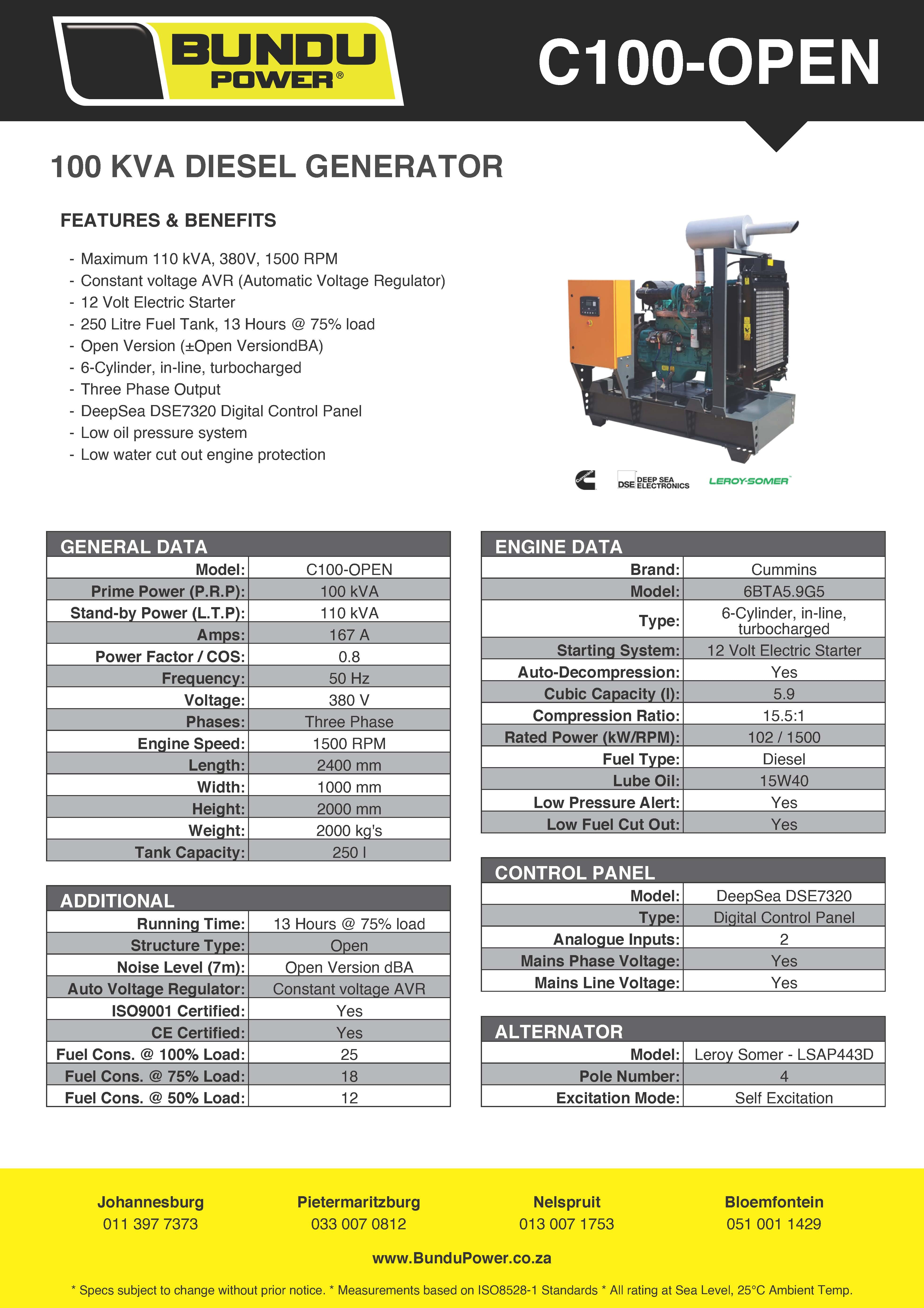 100 kVA Cummins Diesel Generator - Open Version