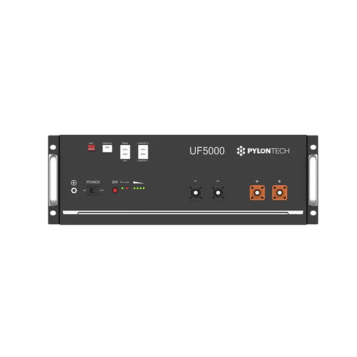Pylontech UF5000 5.12kWh Li-ion battery front view showing BMS status lights and ports.