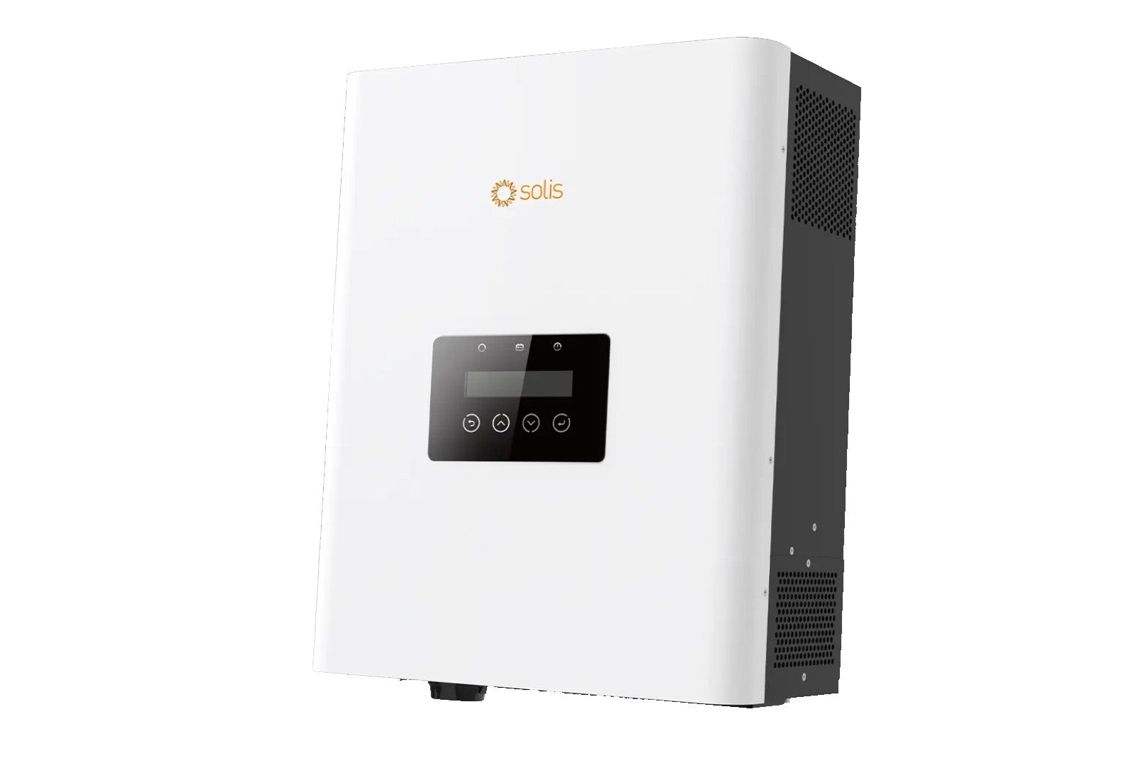 Solis 5kVA S6 Hybrid Inverter front view showing sleek white industrial design and status display.